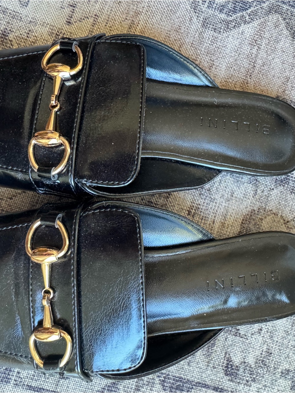 Billini Black Leather Mule Sandals with Gold Horsebit